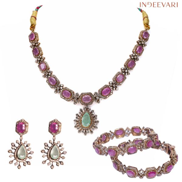 Princely Victorian Diamond Necklace set & Bangles with Mozambique Rubies